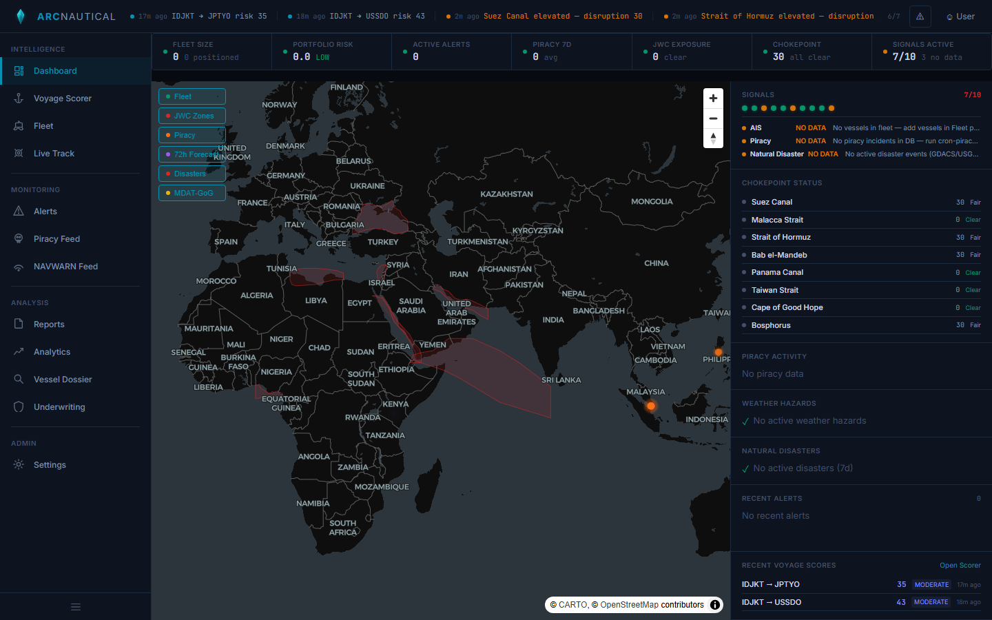 ArcNautical piracy incident feed showing global piracy data with incident locations on the map and recent reports