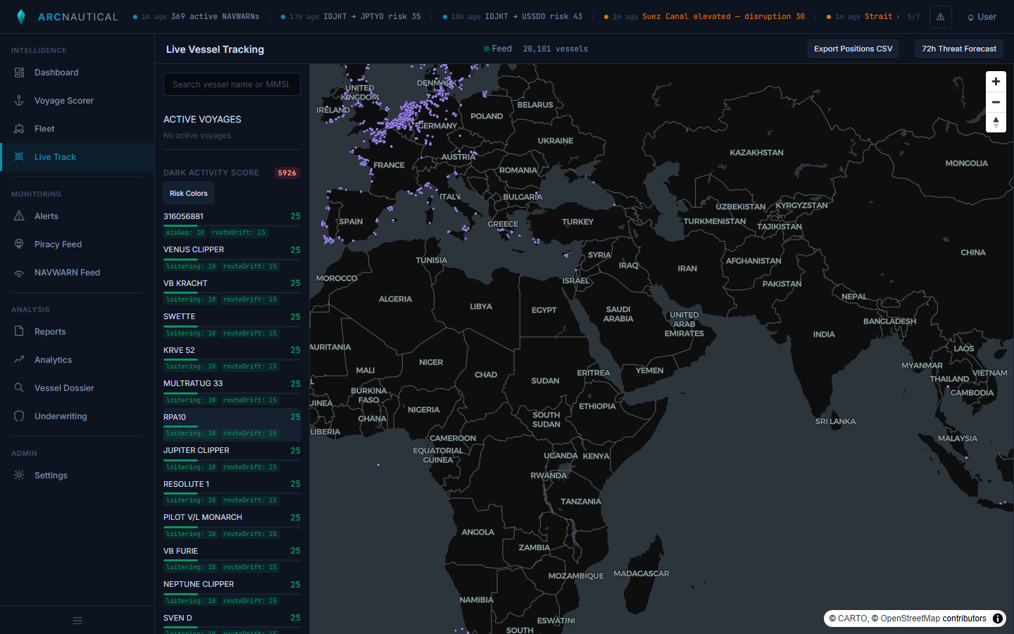 ArcNautical live vessel tracking showing 47+ active vessels with AIS positions across the Mediterranean, Red Sea, and Indian Ocean