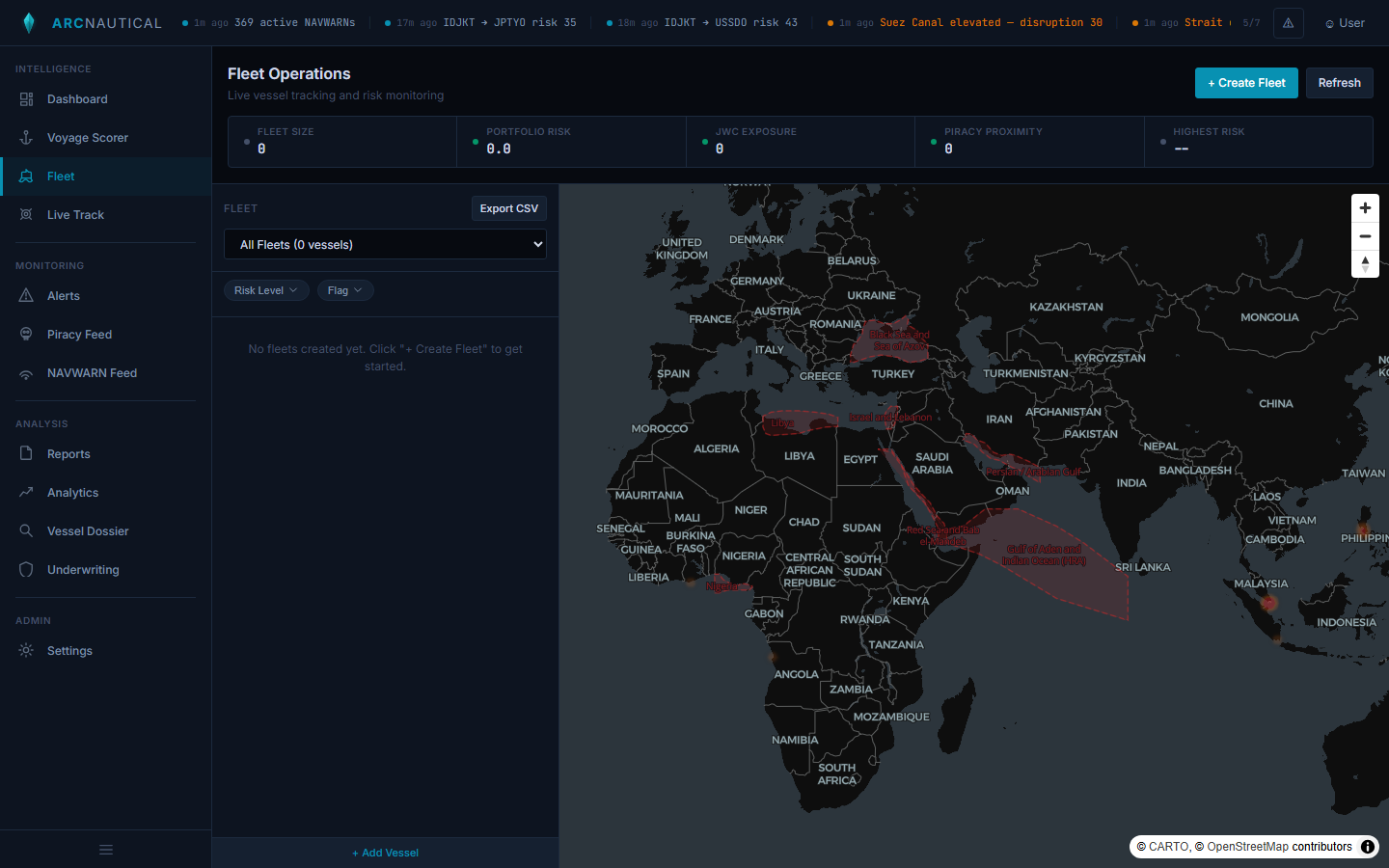 Fleet Operations page showing vessel list with risk scores and global map