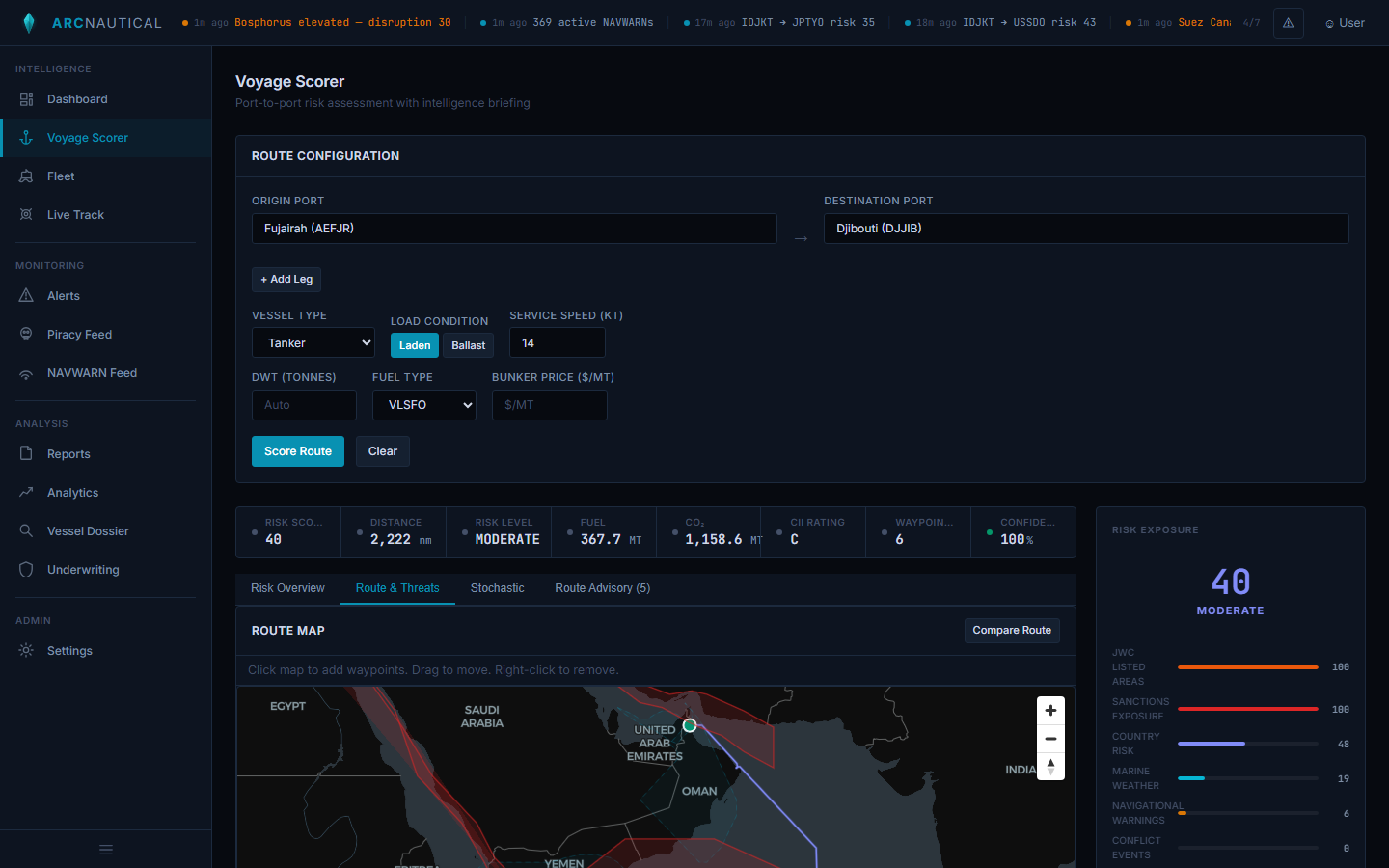 Route map showing Fujairah to Djibouti voyage through Gulf of Aden with threat overlays and risk exposure bars
