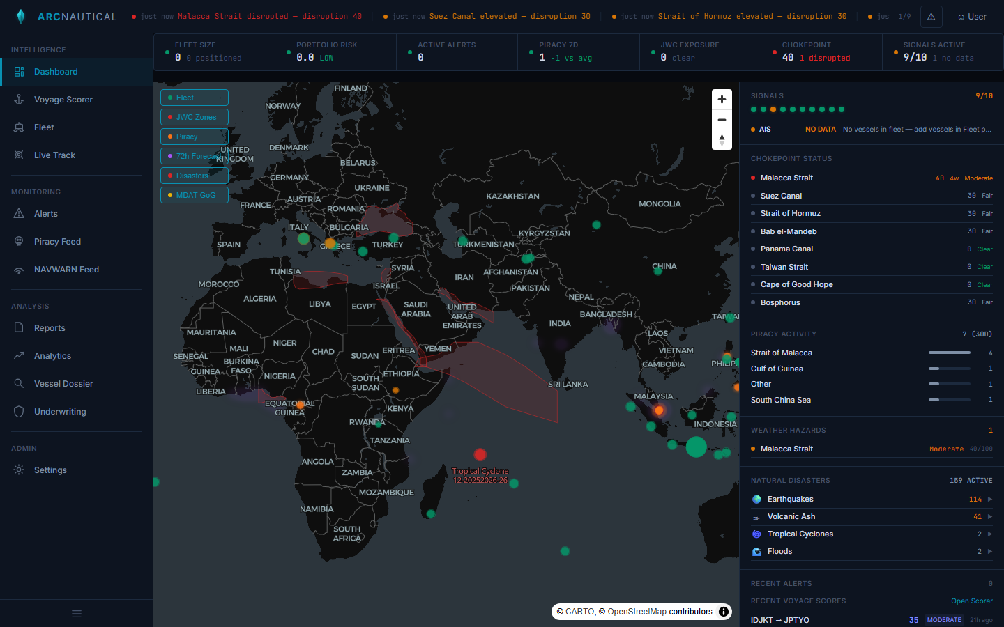 ArcNautical dashboard showing global intelligence overlay with threat clusters, chokepoint status panel, and real-time alert ticker