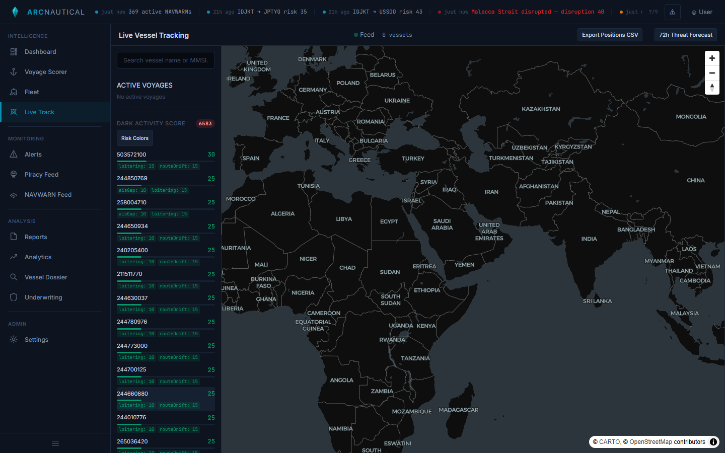 Live vessel tracking map showing multiple vessel positions across the globe with AIS data