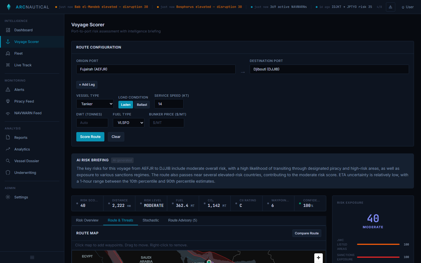 ArcNautical Route and Threats view showing Fujairah to Djibouti route through Gulf of Aden with threat overlays