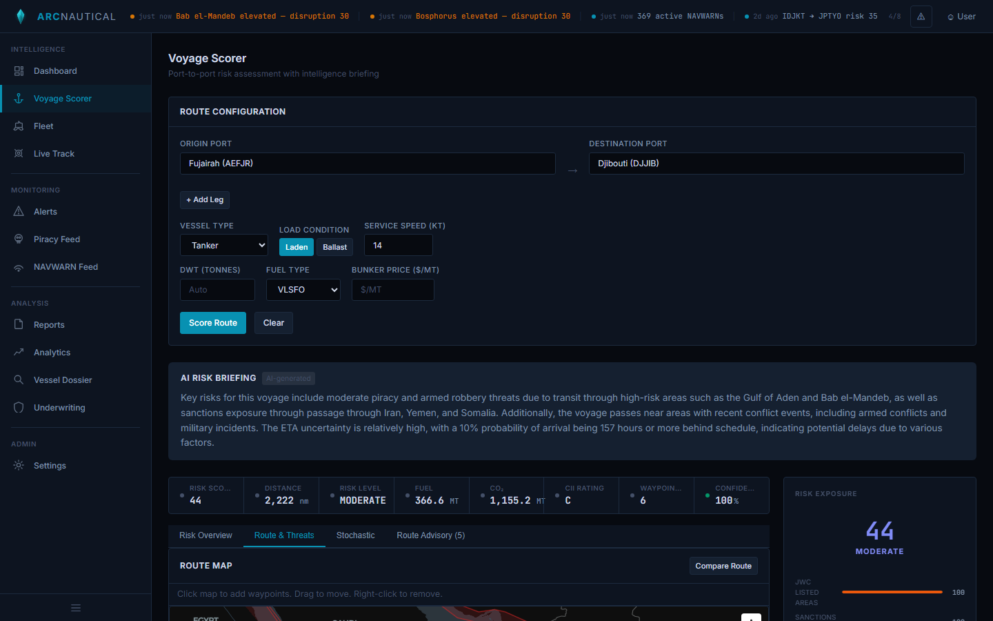 Route & Threats tab showing Fujairah to Djibouti route map with JWC zones and threat overlays