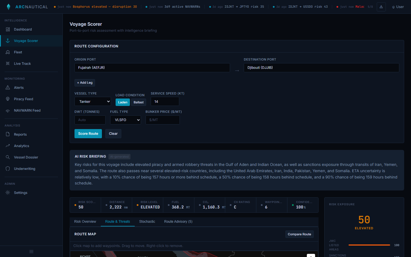 ArcNautical route and threats view showing Fujairah to Djibouti route overlaid with JWC listed areas, threat data, and route map through Gulf of Aden
