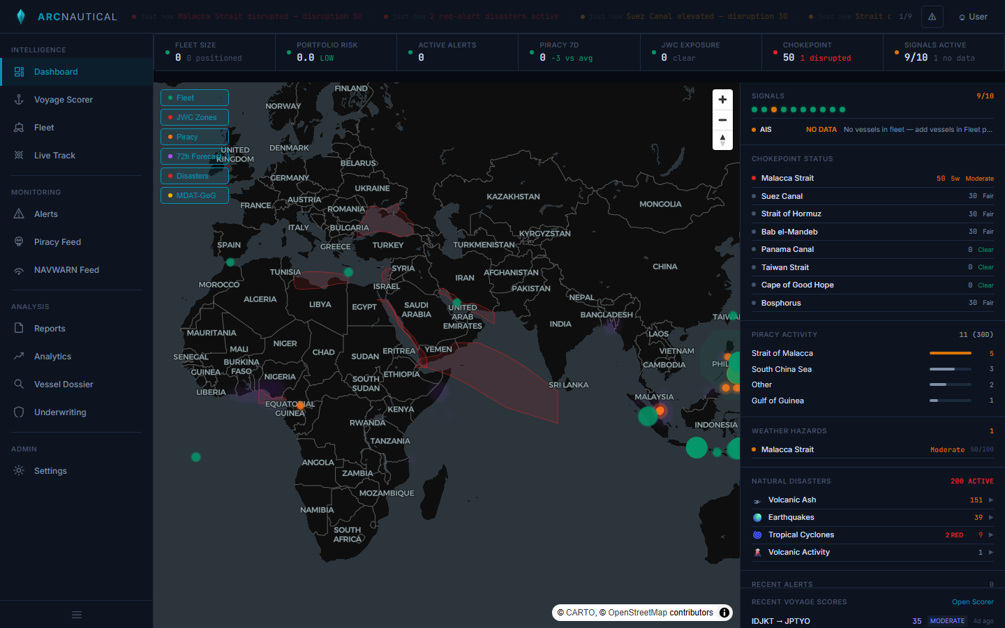 ArcNautical global intelligence dashboard showing JWC threat zones, piracy clusters, chokepoint disruption alerts, and 369 active navigational warnings