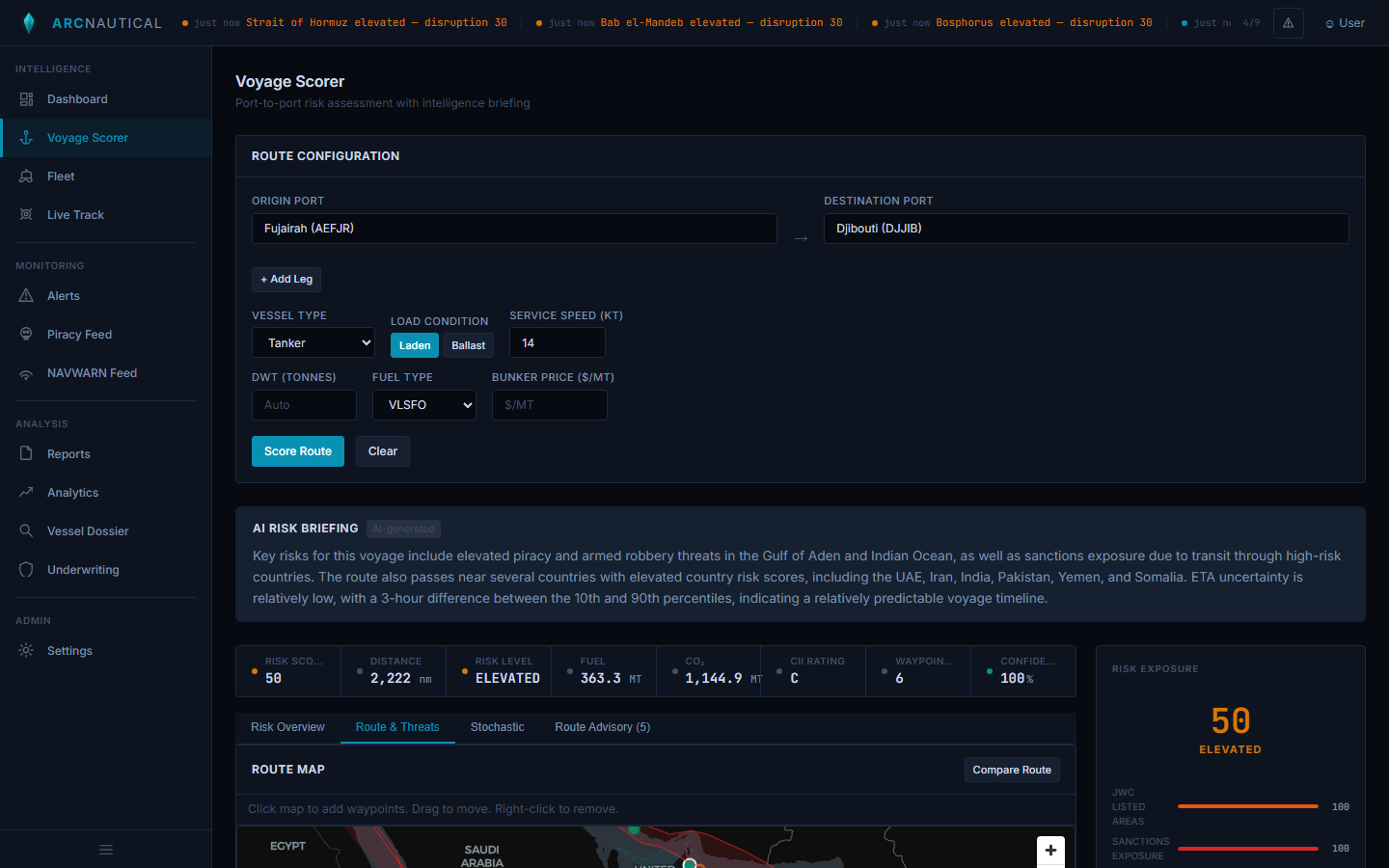 Route & Threats view showing the Fujairah-to-Djibouti maritime route on a map with threat overlays, passing through Saudi Arabia and the Arabian Sea