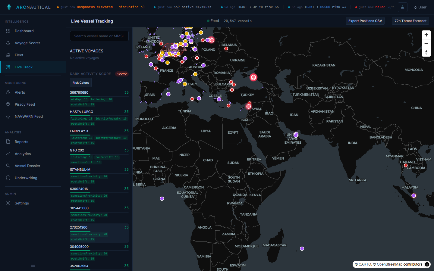 ArcNautical live vessel tracking showing vessel positions across the Indian Ocean and Southeast Asian waters, with multiple vessels visible near the Malacca Strait region