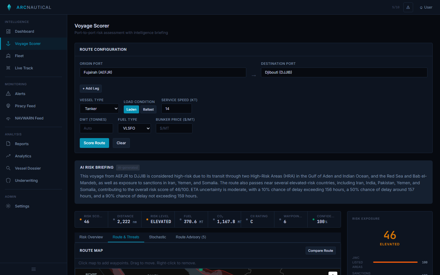 ArcNautical voyage scorer showing Fujairah to Djibouti route through the Gulf of Aden with threat overlays including JWC listed areas in red