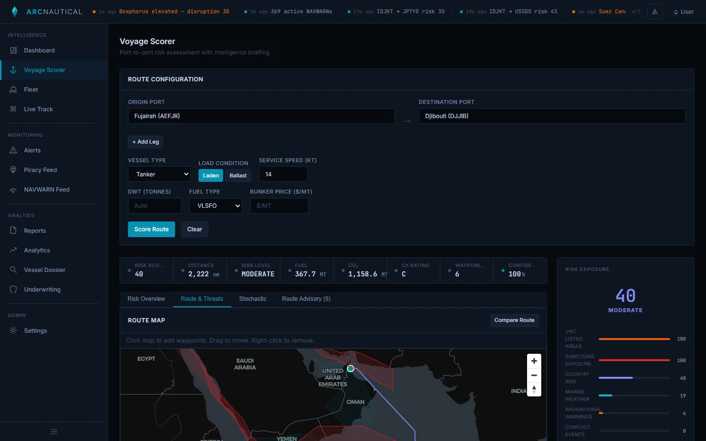 Route map showing Fujairah-to-Djibouti voyage through Gulf of Aden with JWC zones, threat overlays, and risk exposure scores