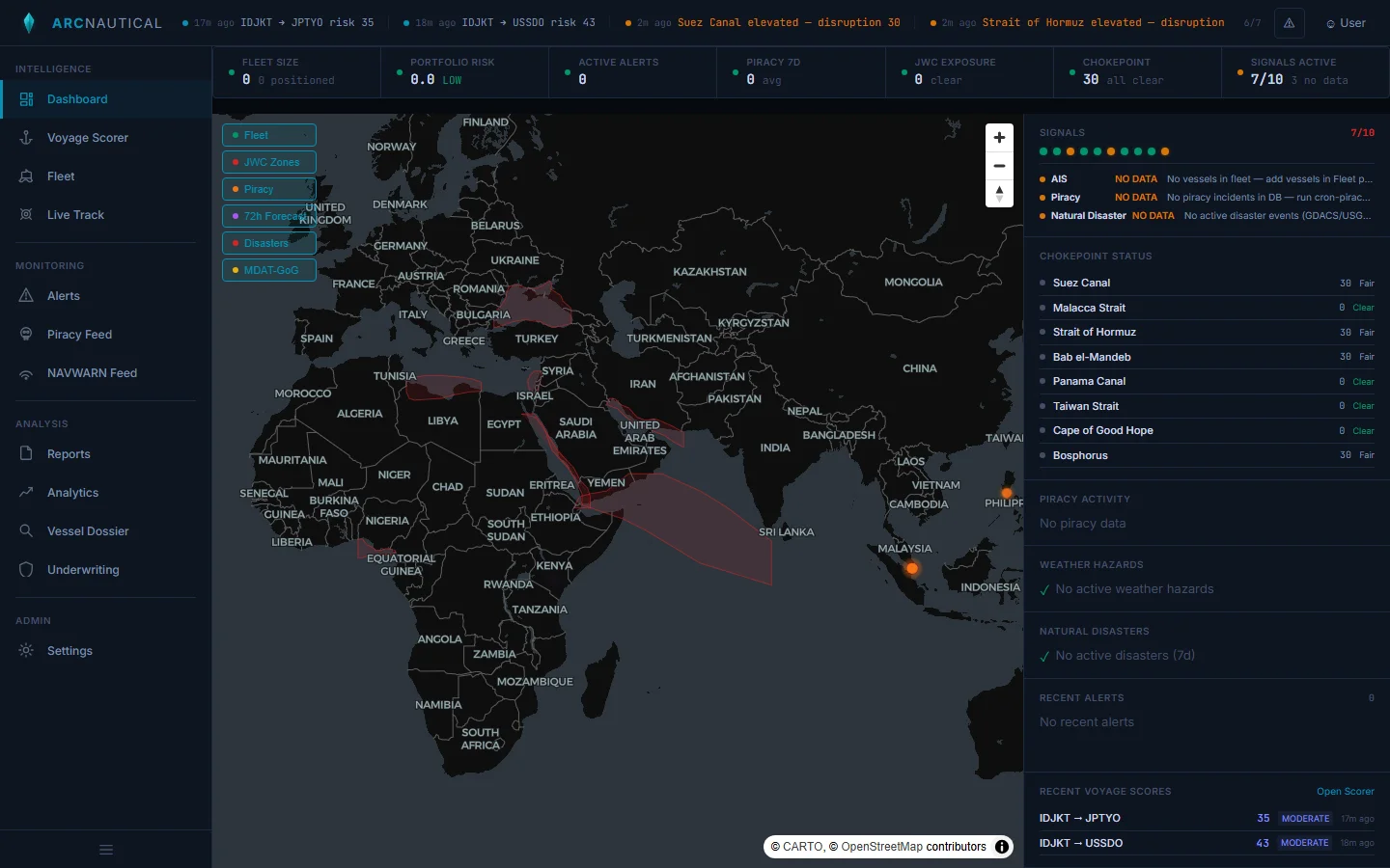 ArcNautical piracy incident feed showing global piracy data with incident locations on the map and recent reports