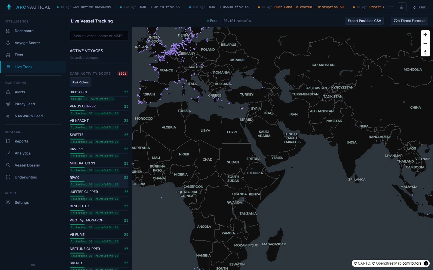 ArcNautical live vessel tracking showing 47+ active vessels with AIS positions across the Mediterranean, Red Sea, and Indian Ocean