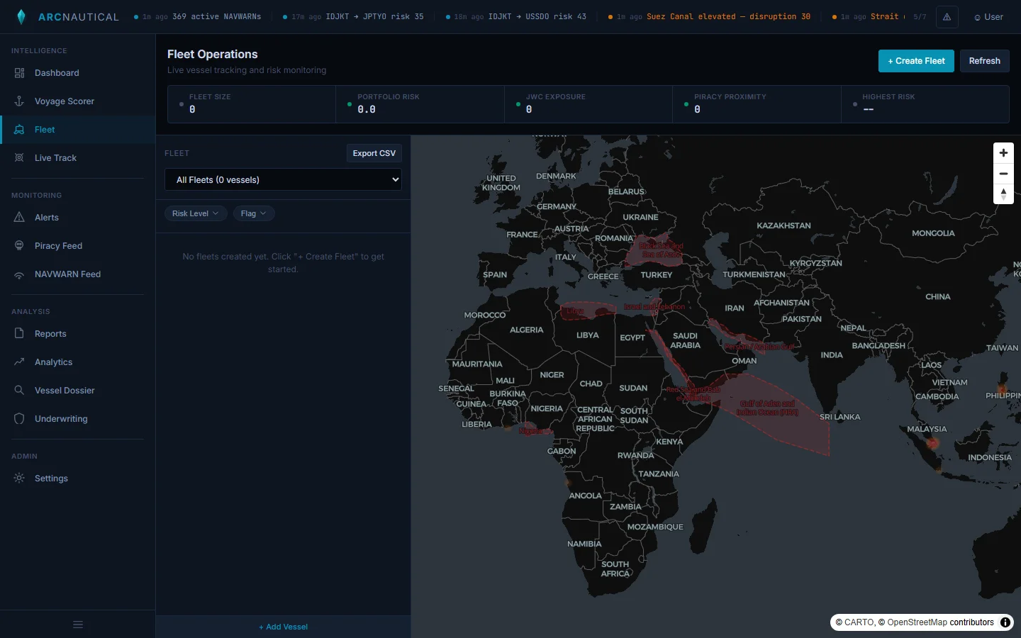 Fleet Operations page showing vessel list with risk scores and global map