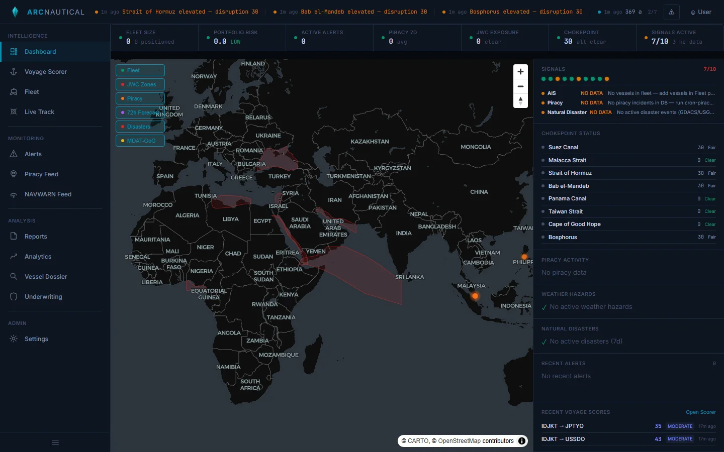 ArcNautical dashboard showing global maritime intelligence overlay with JWC zones, piracy incidents, and vessel positions