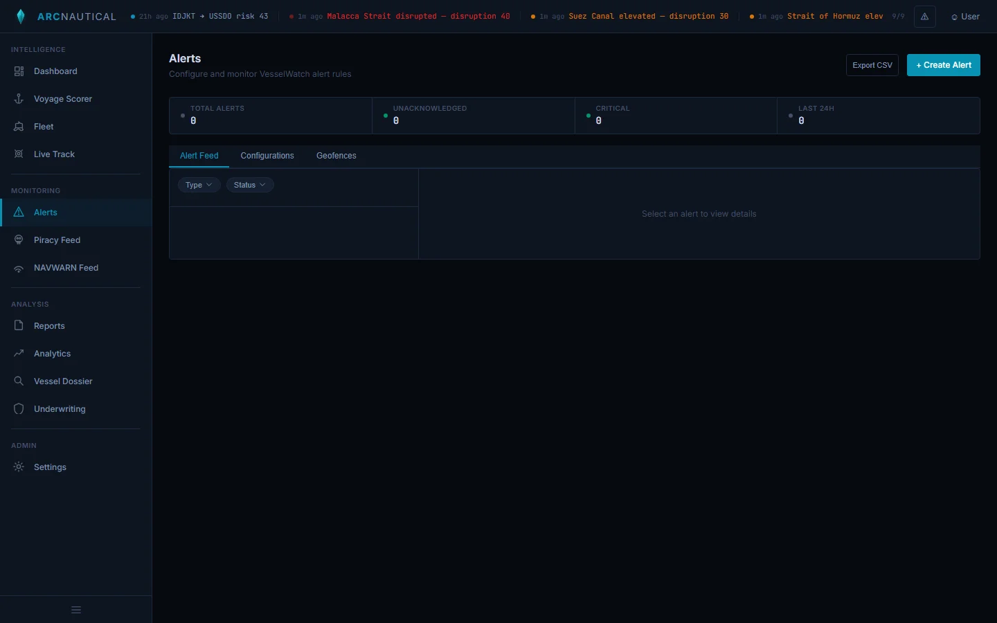 Alert management page with Create Alert button, filter options for type and status, and tabs for Alert Feed, Configurations, and Geofences
