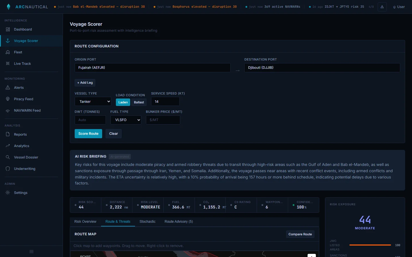 Route & Threats tab showing Fujairah to Djibouti route map with JWC zones and threat overlays