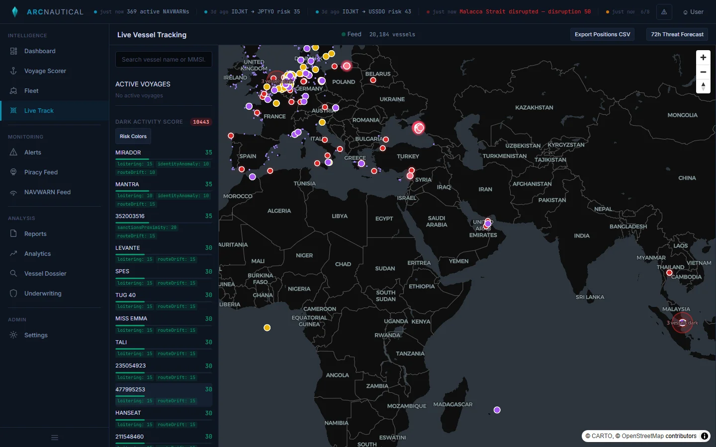 ArcNautical live vessel tracking showing multiple vessels with AIS positions, threat overlays, and real-time chokepoint alerts