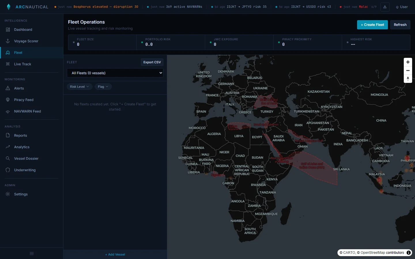ArcNautical Fleet Operations showing vessels with JWC threat zone overlays on the global map