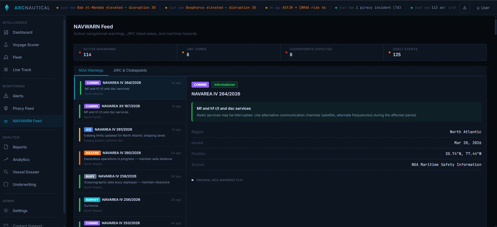 ArcNautical NAVWARN feed showing active navigational warnings across multiple NAVAREAs with severity categories and detailed advisory text