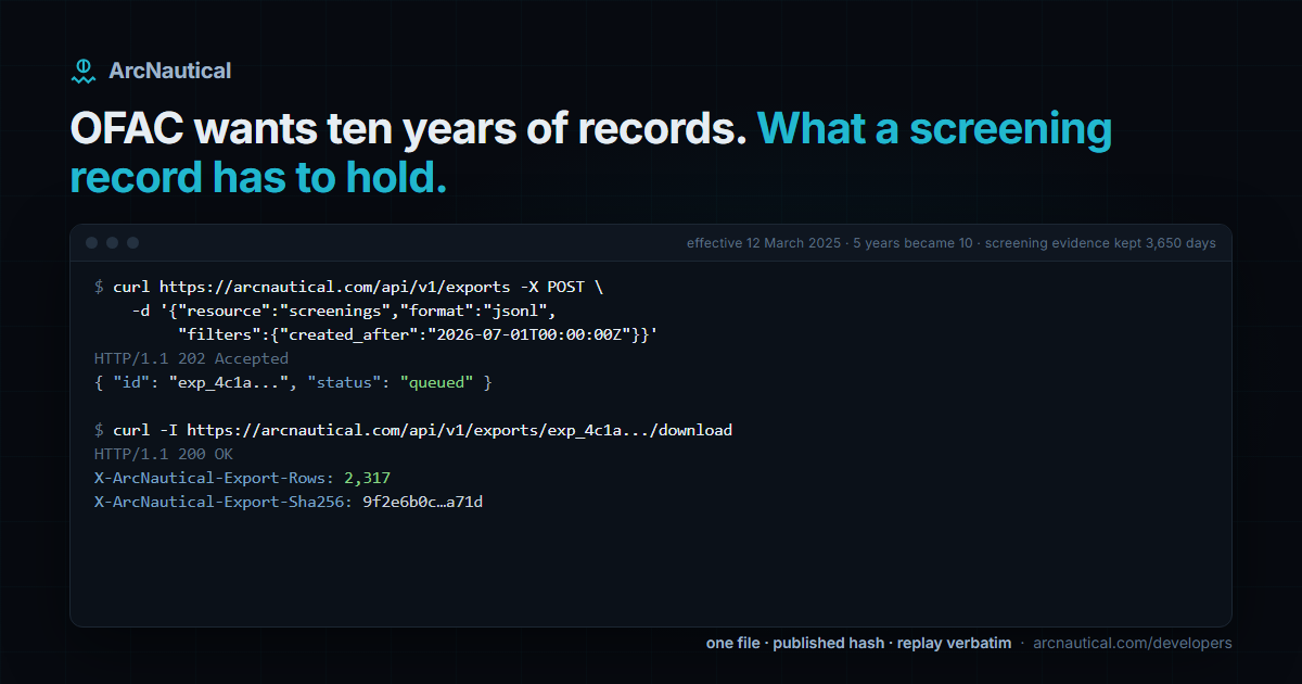 A terminal showing an ArcNautical export request for all Q3 screenings returning a file with its SHA-256 and row count in the response headers
