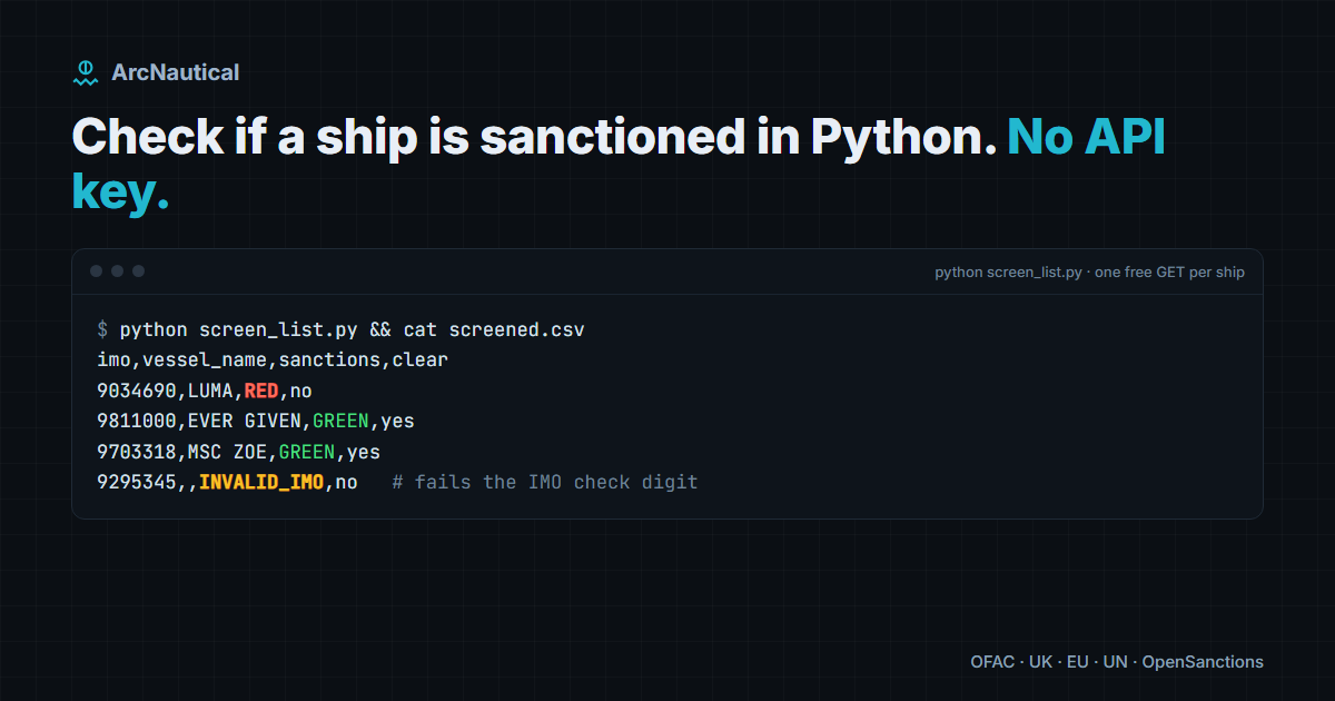 A terminal running a Python script that screens four IMO numbers and writes RED, GREEN, GREEN and INVALID_IMO to a CSV